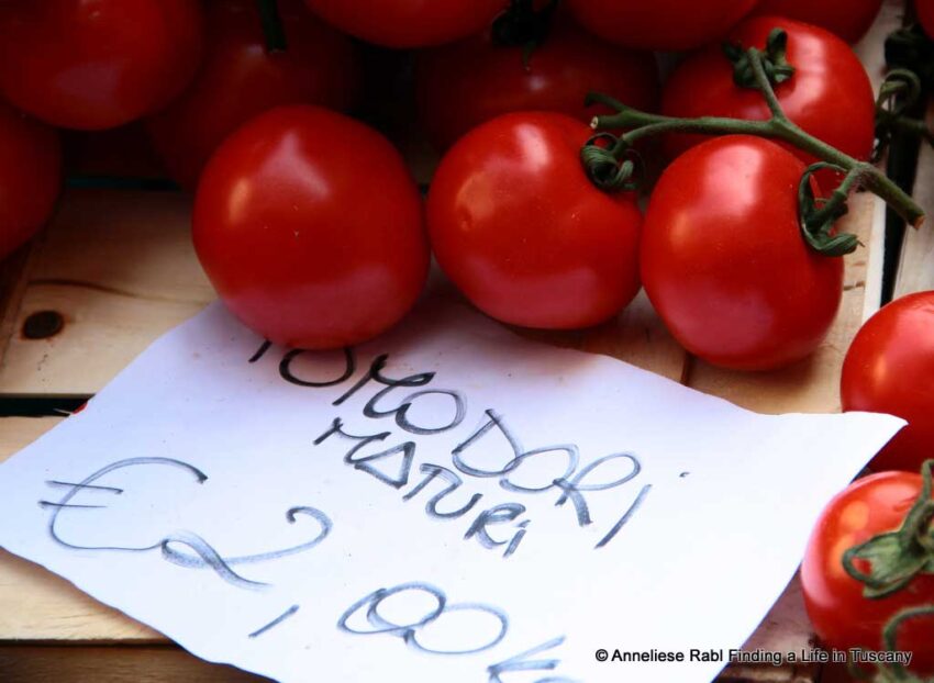 ripe tomatoes on sale on a weekly farmer's market in Tuscany.