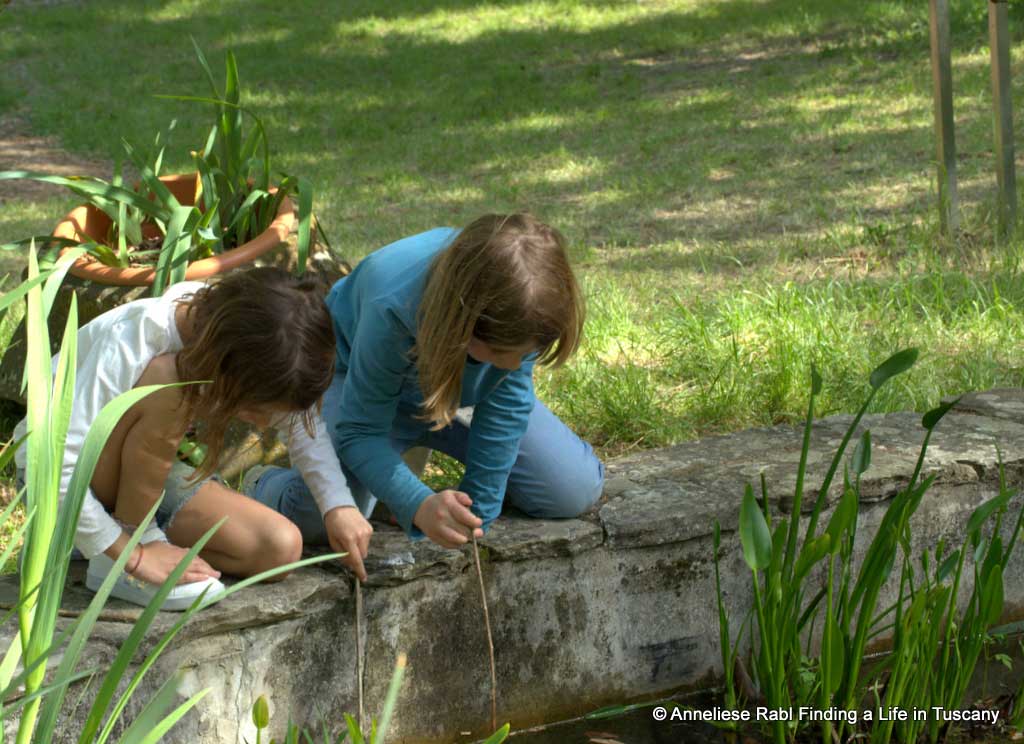Girls playing next to a pond
