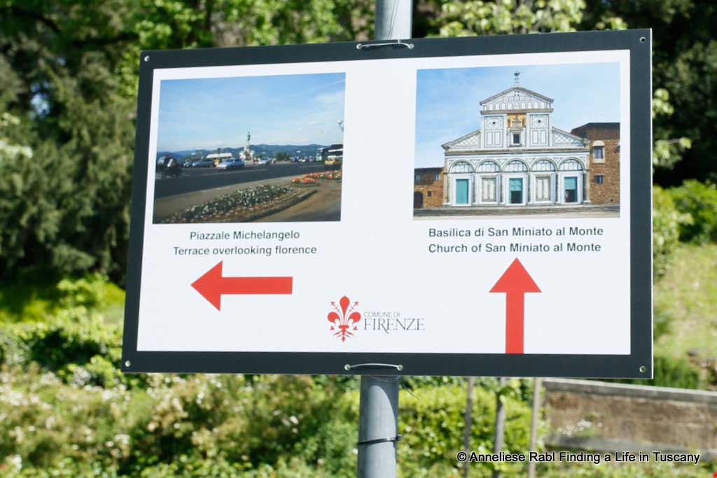 Sign indicating Piazzale Michelangelo and Basilica di San Miniato al Monte
